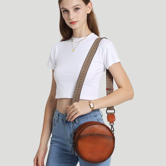 Leather Crossbody Bags for Women, Circle Purse Shoulder Bag, Fashion Round Handb - Picture 4 of 6